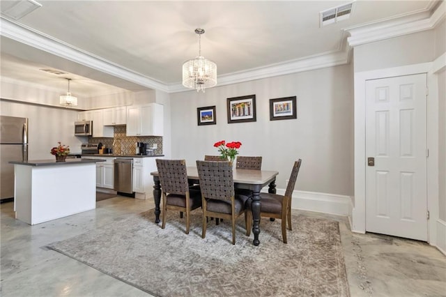 dining space featuring an inviting chandelier and ornamental molding