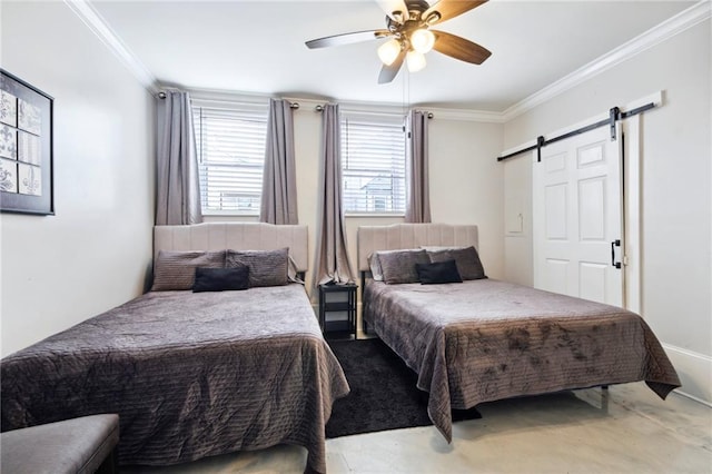 bedroom with carpet, a barn door, ceiling fan, and crown molding