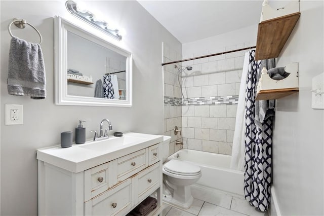 full bathroom featuring vanity, shower / bath combination with curtain, and toilet