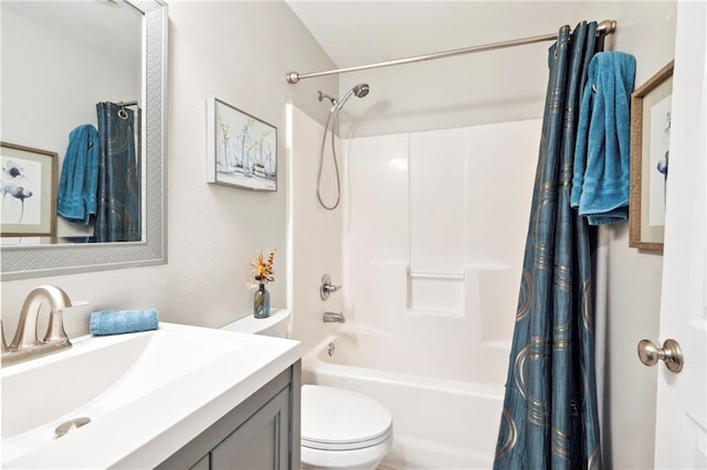 full bathroom with vanity, toilet, and shower / bathtub combination with curtain