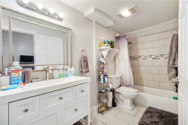 full bathroom featuring tile patterned flooring, vanity, toilet, and shower / bathtub combination with curtain