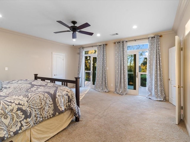 bedroom featuring light carpet, access to outside, ceiling fan, and crown molding