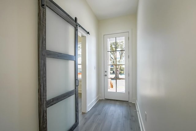 entryway featuring light wood-type flooring and a barn door