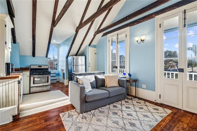 living room with lofted ceiling with beams and dark hardwood / wood-style flooring