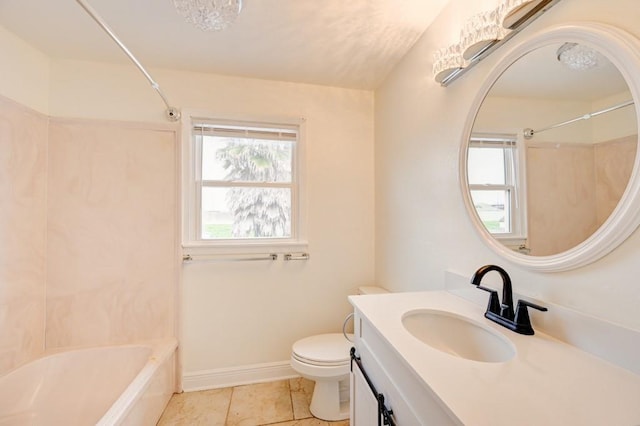 full bathroom with vanity, shower / tub combination, lofted ceiling, tile patterned flooring, and toilet