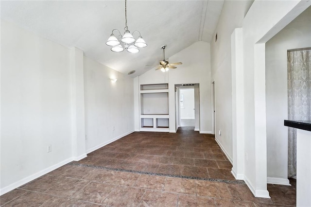 unfurnished living room with ceiling fan with notable chandelier, built in features, and lofted ceiling