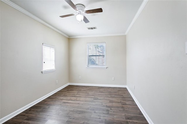 unfurnished room featuring crown molding, dark hardwood / wood-style flooring, and ceiling fan