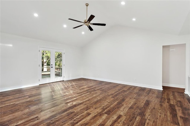 unfurnished living room featuring dark hardwood / wood-style floors, ceiling fan, and french doors