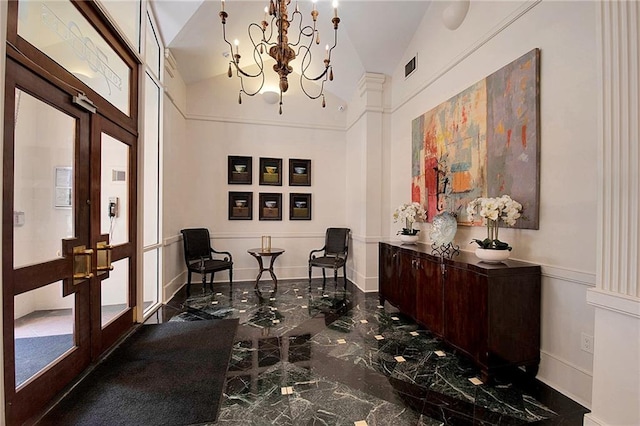 interior space with visible vents, an inviting chandelier, vaulted ceiling, french doors, and marble finish floor