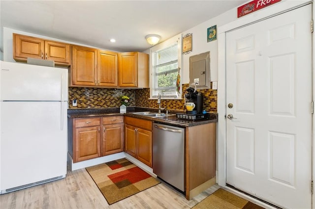 kitchen with backsplash, stainless steel dishwasher, light hardwood / wood-style floors, sink, and white fridge