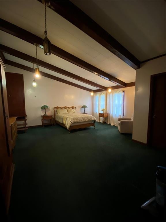 carpeted bedroom featuring beamed ceiling