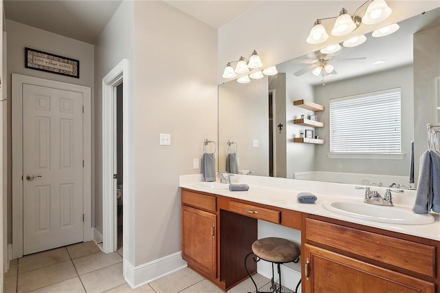 bathroom with tile patterned floors, ceiling fan, and vanity