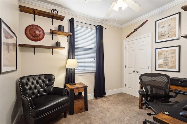 carpeted office with ceiling fan and ornamental molding