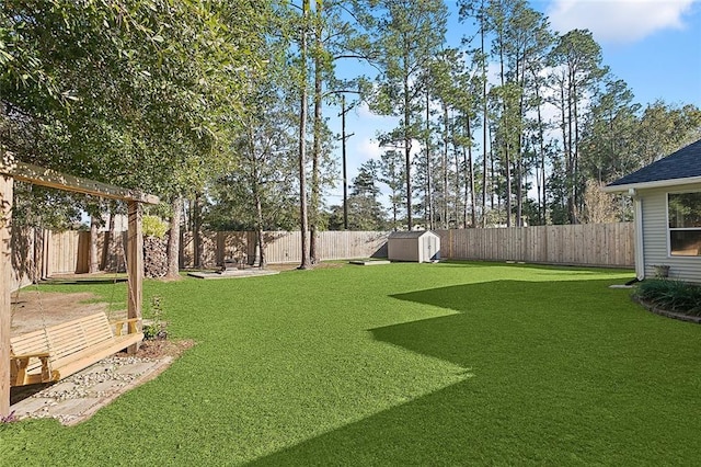 view of yard featuring a shed