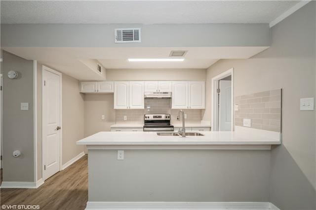 kitchen with white cabinets, backsplash, stainless steel electric range oven, and sink