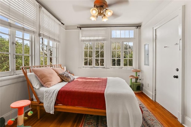 bedroom featuring ceiling fan and wood-type flooring