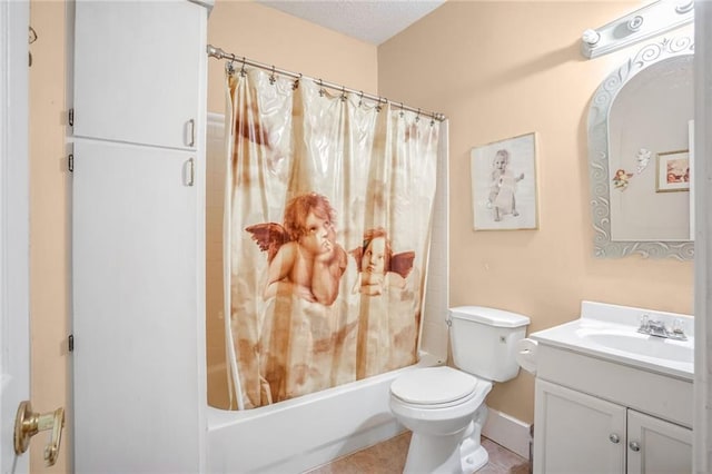 full bathroom featuring vanity, tile patterned floors, toilet, shower / bathtub combination with curtain, and a textured ceiling