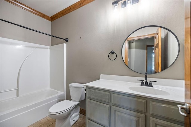 full bathroom featuring vanity, toilet, shower / tub combination, and crown molding