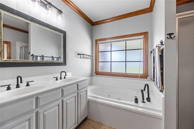 bathroom with tile patterned floors, vanity, ornamental molding, and plus walk in shower