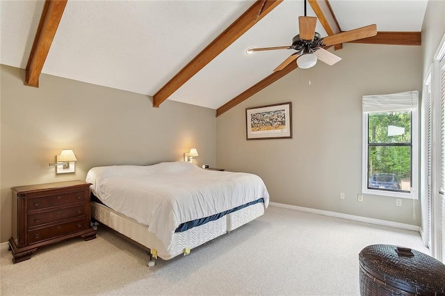969 Marina Blvd Unit 969, Mandeville, LA 70471 - bedroom featuring light colored carpet, vaulted ceiling with beams, baseboards, and a ceiling fan