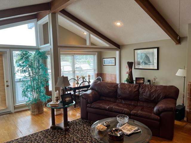 living room with lofted ceiling with beams and hardwood / wood-style floors