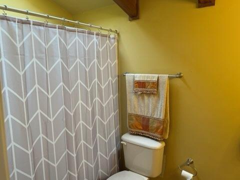 bathroom with toilet and curtained shower