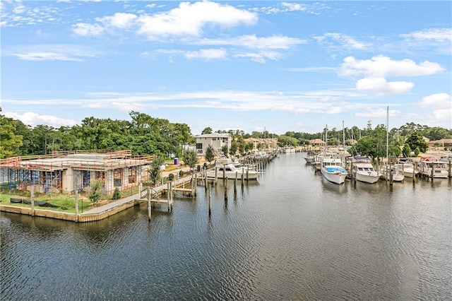 view of water feature with a dock