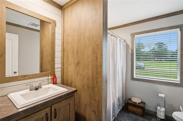 bathroom featuring vanity, a shower with shower curtain, and toilet