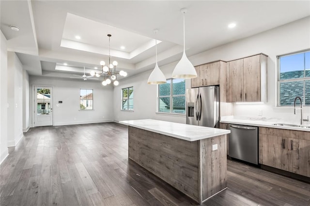 kitchen with sink, dark hardwood / wood-style flooring, pendant lighting, a tray ceiling, and appliances with stainless steel finishes