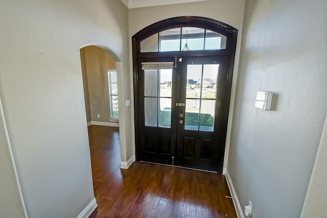 doorway featuring dark hardwood / wood-style floors, a wealth of natural light, and french doors