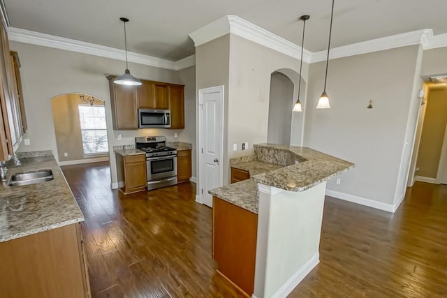 kitchen featuring sink, stainless steel appliances, hanging light fixtures, and dark wood-type flooring