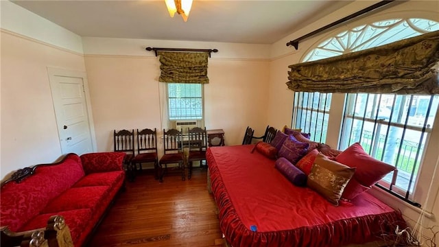 bedroom with dark hardwood / wood-style floors and multiple windows