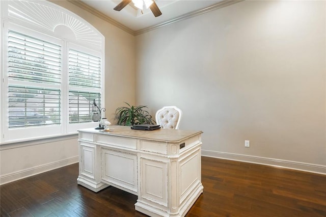 unfurnished office featuring ceiling fan, dark hardwood / wood-style flooring, and ornamental molding