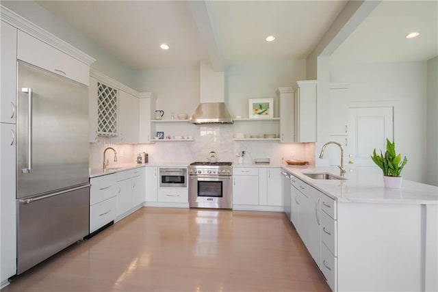 kitchen with exhaust hood, premium appliances, tasteful backsplash, sink, and white cabinets