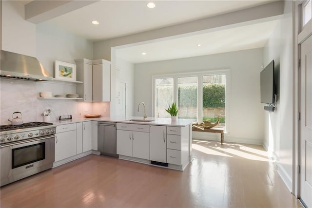 kitchen with appliances with stainless steel finishes, white cabinetry, sink, kitchen peninsula, and wall chimney exhaust hood