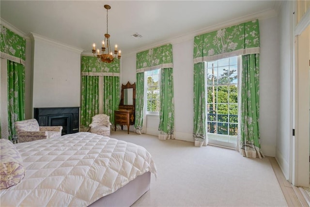 bedroom with a notable chandelier, ornamental molding, and light carpet