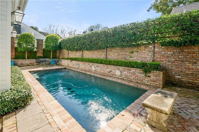 view of pool with a fenced in pool, a fenced backyard, and a patio