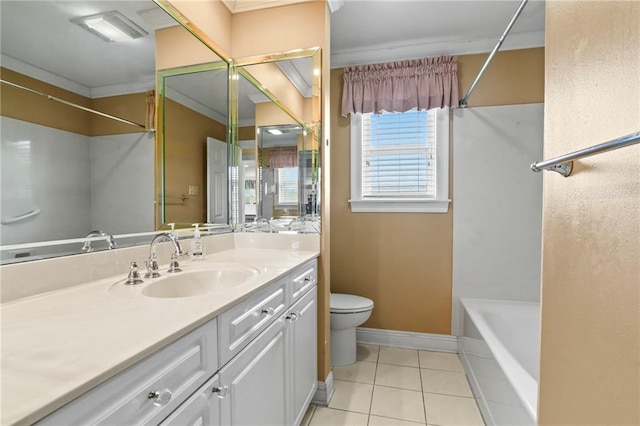 full bathroom with vanity, bathtub / shower combination, tile patterned floors, crown molding, and toilet