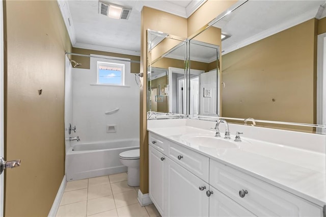 full bathroom featuring tile patterned floors, ornamental molding, vanity,  shower combination, and toilet