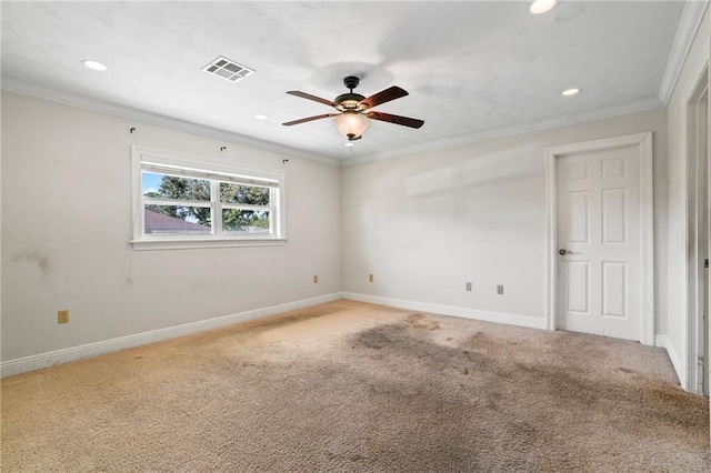 136 Rebel Ave, River Ridge, LA 70123 - spare room featuring recessed lighting, ceiling fan, light colored carpet, ornamental molding, and baseboards