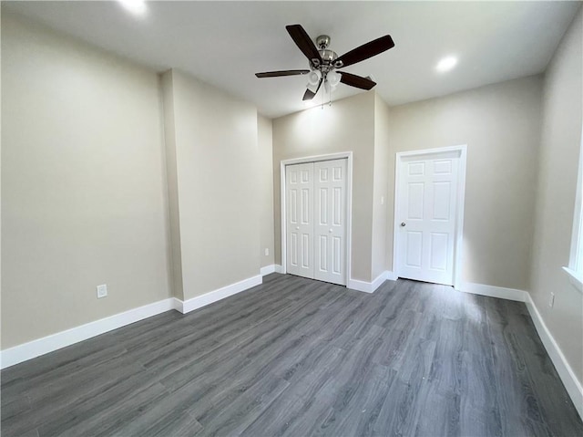 343335 Magnolia St, New Orleans, LA 70115 - unfurnished bedroom featuring dark wood finished floors, a closet, ceiling fan, and recessed lighting
