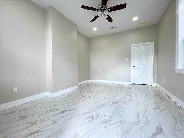 343335 Magnolia St, New Orleans, LA 70115 - empty room with ceiling fan, light marble finish floors, and recessed lighting