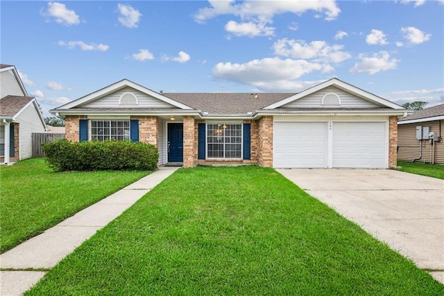 ranch-style house with a garage and a front lawn