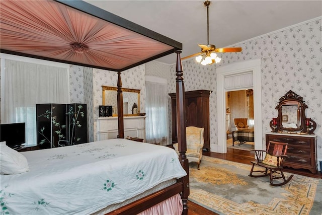 2513 Red Lick Rd, Lorman, MS 39096 - bedroom with wallpapered walls, ornamental molding, and wood finished floors