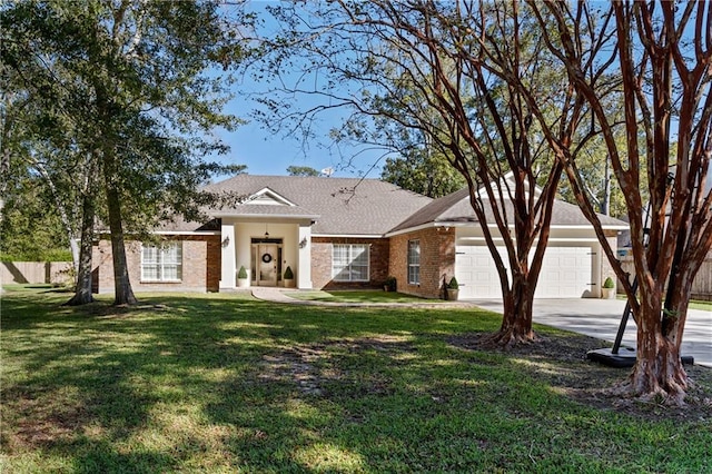 ranch-style home featuring a front lawn and a garage