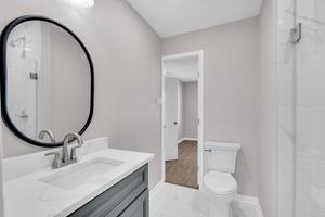 bathroom featuring hardwood / wood-style floors, vanity, toilet, and walk in shower