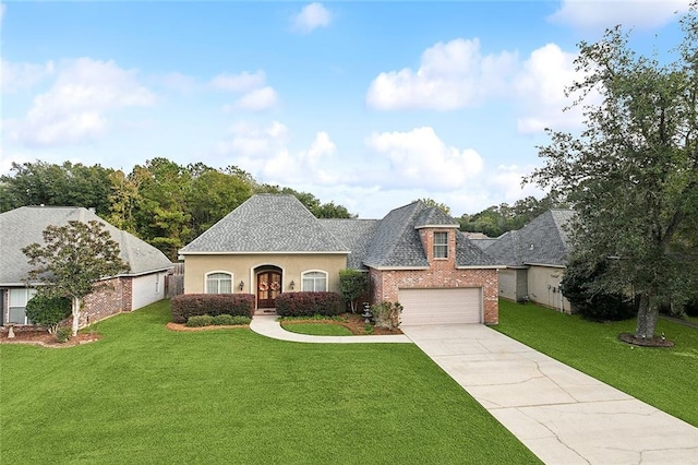 french country home featuring a front yard and a garage