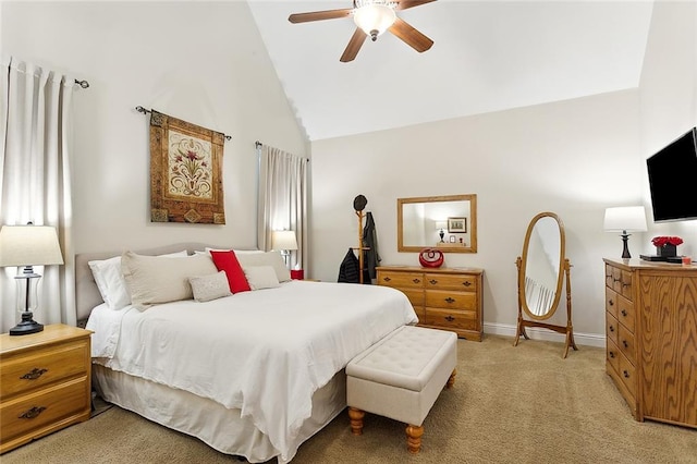 bedroom featuring ceiling fan, light colored carpet, and high vaulted ceiling