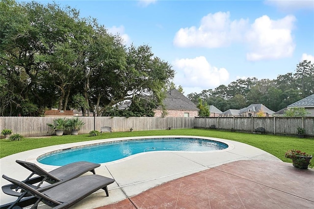 view of swimming pool with a lawn and a patio area