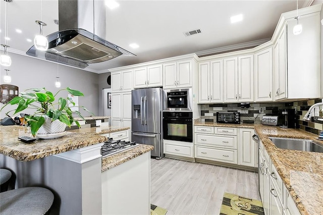 kitchen featuring white cabinetry, hanging light fixtures, stainless steel refrigerator with ice dispenser, and a sink